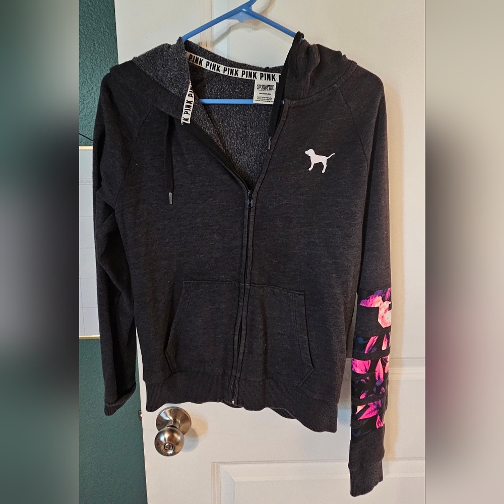 Victoria's Secret PINK Black Hoodie with Pink Floral Accents